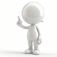 A whimsical white character stands with one hand raised, pointing upward. The design is simple and minimalist, conveying a playful yet thoughtful expression in a bright, light-filled space.