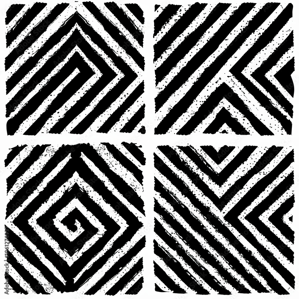 Poster four distinct geometric patterns displayed in a square layout feature bold black and white diagonal 