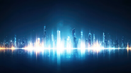 futuristic city skyline illuminated by bright lights and reflections on water, showcasing modern architecture and vibrant atmosphere