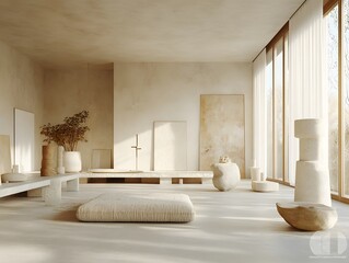 A serene, minimalist interior space with natural light and neutral tones.