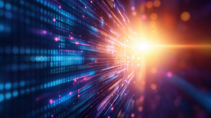 Fototapeta premium vibrant digital landscape with glowing binary code and light rays, symbolizing technology and data flow