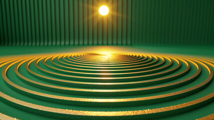 Fototapeta premium Concentric circles in a golden hue ripple outward on a green surface, illuminated by the soft glow of sunlight, creating a tranquil and visually captivating effect during late afternoon.
