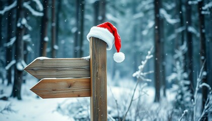 A santa hat hanging on a wooden direction sign in a winter landscape with copy space