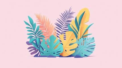 Colorful tropical leaves, pink background