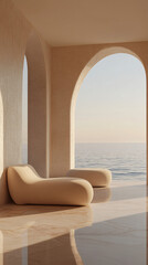 Fototapeta na wymiar minimalist modern beige archway with sea view and lounge chair