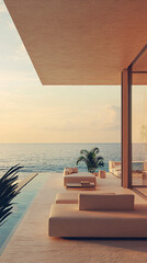 modern luxury beach house patio with infinity pool and sunset view