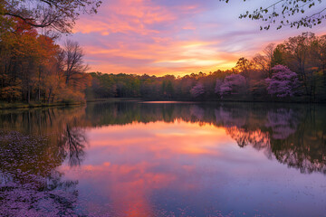 Obraz premium Vibrant spring lake surrounded by blossoming trees, colorful reflections on calm water