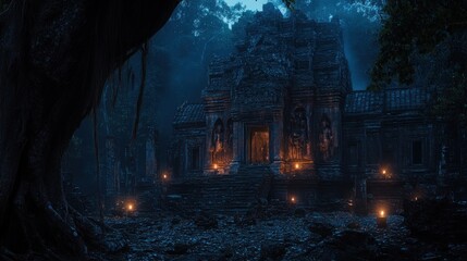 A mystical temple, illuminated by flickering lanterns, stands shrouded in mist within a dense jungle.