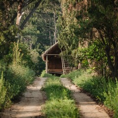Scenic dirt path winding through the dense summer woods toward a rustic, isolated wooden cabin.
