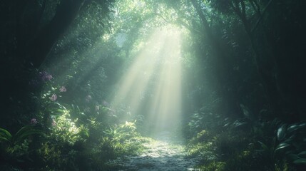 Obraz premium Pathway through forest opening to bright light, [success journey], [metaphor for overcoming challenges towards achievement] 