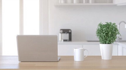 cozy home office setup, wooden desk, silver laptop, white coffee cup, potted coffee plant, bright kitchen background, minimalist workspace design