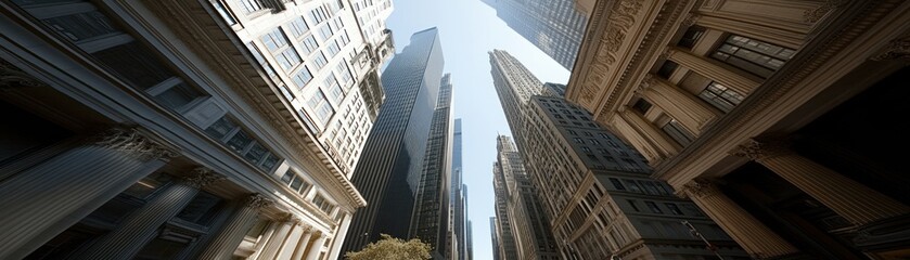 Fototapeta premium A low-angle view of tall skyscrapers in an urban setting under a clear sky.