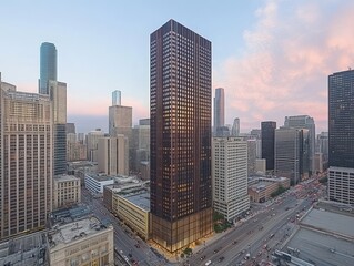 Fototapeta premium A modern skyscraper in an urban setting, reflecting the cityscape at dusk.