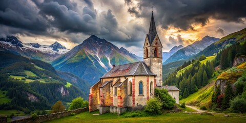 Fototapeta premium Großglockner's peak casts a shadow on Heiligenblut Osttirol's forgotten church.