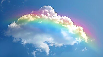 A fluffy cloud enveloped in a bright rainbow on a clear day.