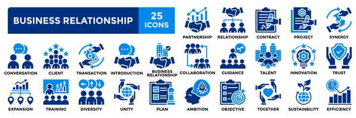 Business Relationship icon collection set. Containing relationship,collaboration,partnership,client,communication icon. Simple flat vector illustration.