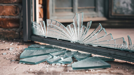 Shattered glass pieces scattered on the floor, reflecting light, with a partially opened door in the background, symbolizing abandoned spaces and the aftermath of a break-in.