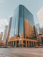 A modern glass skyscraper reflecting city life and architecture.