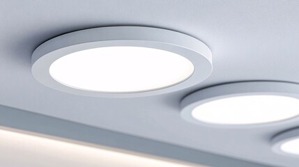 streamlined recessed lighting array, discreet circular led panels, cool white light emission, matte ceiling integration, energy-efficient illumination set, minimalist home decor elements, textured