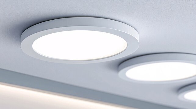 streamlined recessed lighting array, discreet circular led panels, cool white light emission, matte ceiling integration, energy-efficient illumination set, minimalist home decor elements, textured