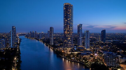 Naklejka premium A modern urban skyline at dusk, with illuminated skyscrapers casting reflections on a calm river below. The sky transitions from deep blue to soft pink, creating a dynamic backdrop. Silhouettes