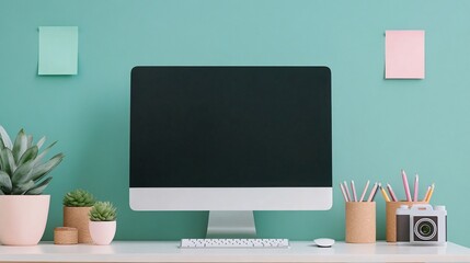 stylish study nook, sleek computer, dark teal background, succulents, cork accessories, retro film camera, wooden pencil holder, pastel sticky notes, creative organization, contemporary design