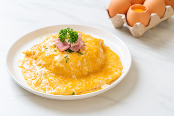 Creamy Omelet with Ham on Rice