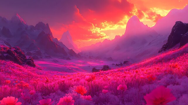 A serene landscape featuring rolling hills under a vibrant sunset, with soft clouds reflecting shades of orange and purple in the sky. The foreground includes a field of wildflowers swaying
