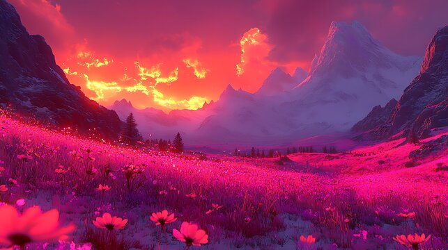 A serene landscape featuring rolling hills under a vibrant sunset, with soft clouds reflecting shades of orange and purple in the sky. The foreground includes a field of wildflowers swaying