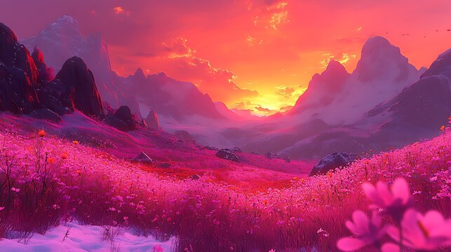 A serene landscape featuring rolling hills under a vibrant sunset, with soft clouds reflecting shades of orange and purple in the sky. The foreground includes a field of wildflowers swaying