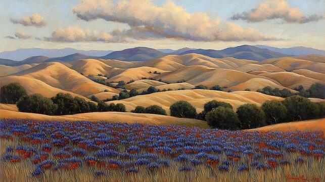 A serene landscape featuring rolling hills under a vibrant sunset, with soft clouds reflecting shades of orange and purple in the sky. The foreground includes a field of wildflowers swaying