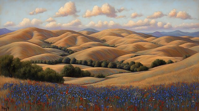 A serene landscape featuring rolling hills under a vibrant sunset, with soft clouds reflecting shades of orange and purple in the sky. The foreground includes a field of wildflowers swaying