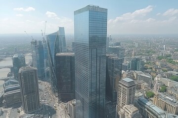 Aerial view of modern skyscrapers in a bustling urban environment.