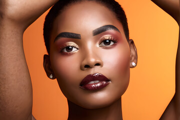 A woman with dark hair and red lips is wearing makeup