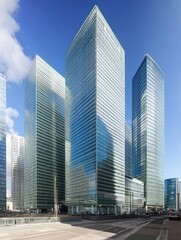 Obraz premium Modern skyscrapers with glass facades reflecting the sky and surroundings.