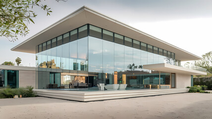 Obraz premium Modern architectural home with extensive glass windows, sleek lines, and a spacious outdoor area, showcasing contemporary design and harmonious integration with nature.