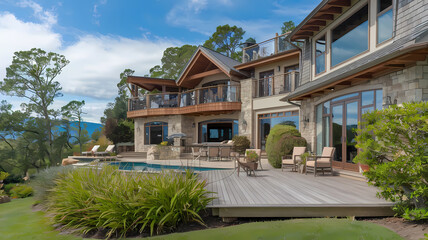 Luxurious stone and wood home with expansive deck and swimming pool, surrounded by lush greenery and scenic views of nature under a clear blue sky. Perfect for outdoor living.