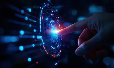 Futuristic hand touching a glowing digital interface with blue and red light effects.