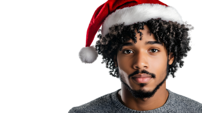 Afro portrait of a man with a Santa Claus hat: the concept of Christmas and New Ye