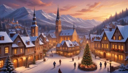 Obraz premium A picturesque landscape featuring charming houses and a historic church, surrounded by medieval architecture, castles, and towers, reflecting the beauty of a European town in Romania or France