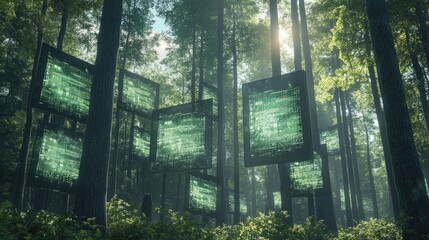 Fototapeta premium Carbon emission monitoring, futuristic digital screens in forest, 3D illustration 