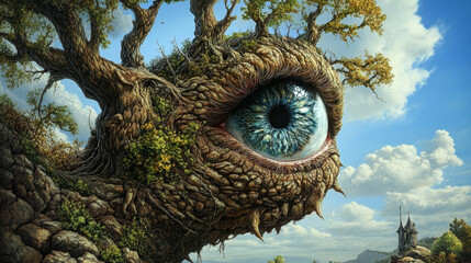 Obraz premium Surreal Tree with Eye in Fantasy Landscape