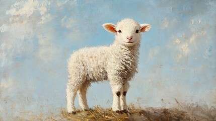 Fototapeta premium Adorable White Lamb Standing in a Field