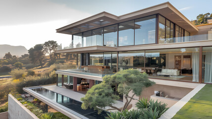 Fototapeta premium Modern luxury home with expansive glass windows, elegant outdoor living space, and stunning views of nature. Ideal for showcasing contemporary architecture and serene landscapes.