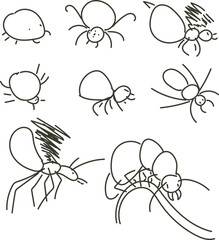 A set of different insects. Among them are beetles, spiders, caterpillars and flying ants.