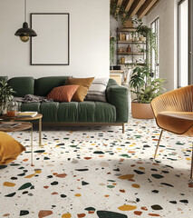 modern green sofa and terrazzo floor interior design  living room  with green plants and white wall