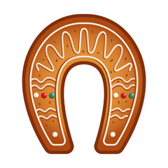Horseshoe gingerbread cookie flat color vector object. Tasty pastry with glaze for Christmas celebration illustration on white background