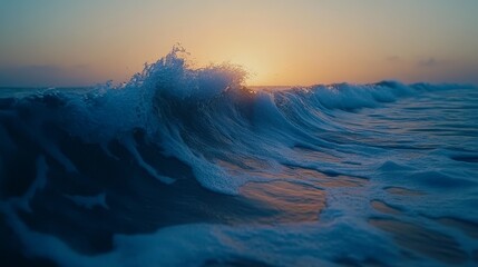 A serene depiction of a small wave, softly illuminated with white foam on top, captured in a long exposure. The image conveys a melancholic and calm atmosphere with intricate wave details.