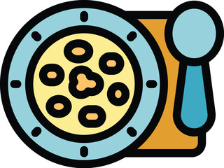 Baby food plate with porridge and spoon icon, outline style for your design