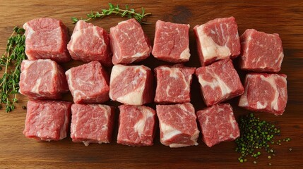 Fototapeta premium Fresh Raw Beef Cubes on Wooden Cutting Board with Herbs and Peppercorns for Culinary Preparation